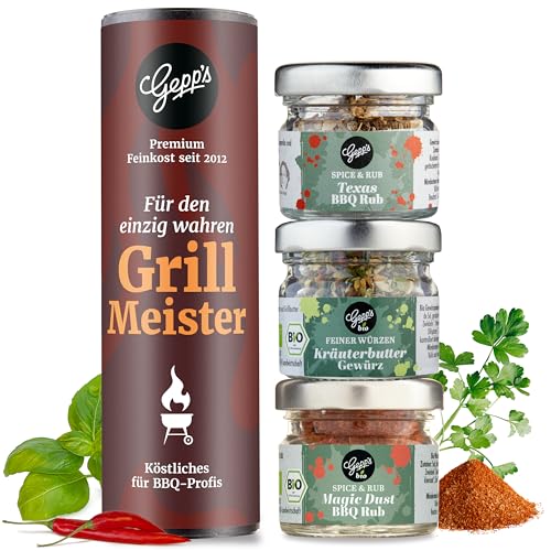 Gepp's Feinkost Grillgewürze Geschenkset 'Grillmeister' I Gourmet Texas BBQ Rub Gewürz, Kräuterbutter & Magic Dust BBQ Rub als Geschenk I Probierset ohne künstliche Zusätze – Weihnachts-Geschenk