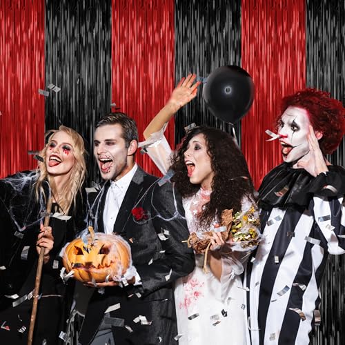 Image of ZATAYE 2 Pack Black Red Halloween Foil Curtain Streamer Decorations | Black Red, Metallic Foil, 3.28 x 7.05 FT, Tinsel Backdrop, Foil Curtain Streamer, Halloween Party