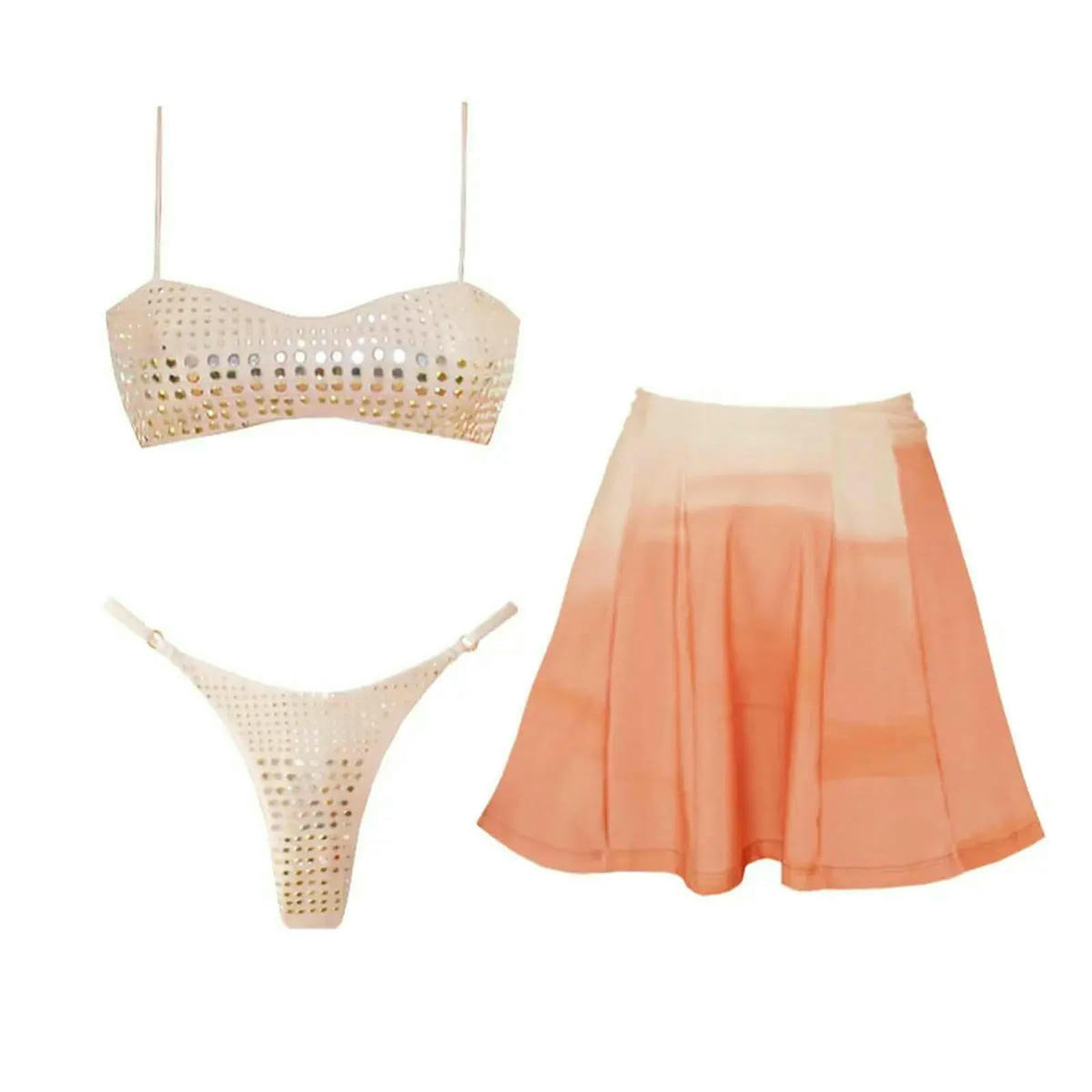 Bikini Strass 3 Pièces Jupe Frange Maillot de Bain Femme Taille Haute