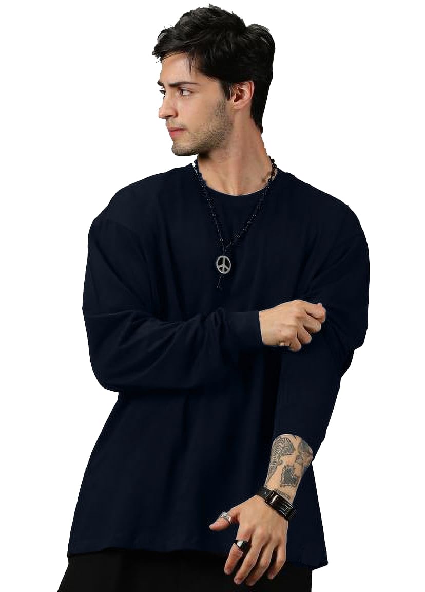 alone eagle Oversized Cotton Plain Full Sleeve Round Neck T Shirt for Men-picture-32