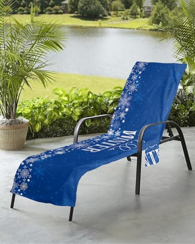 Winter Snowflake Beach Chair Towel Covers for Chaise Lounge with Side Pocket, Soft Plush Pool Towels Cover for Patio Sunbathing Outdoor 29''x85'' Christmas Holiday Blue White