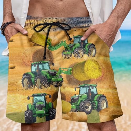 Farm Mens Swim Trunks - Tractor Hawaiian Mens Shorts Casual - Summer Drawstring Beachwear Shorts PA722