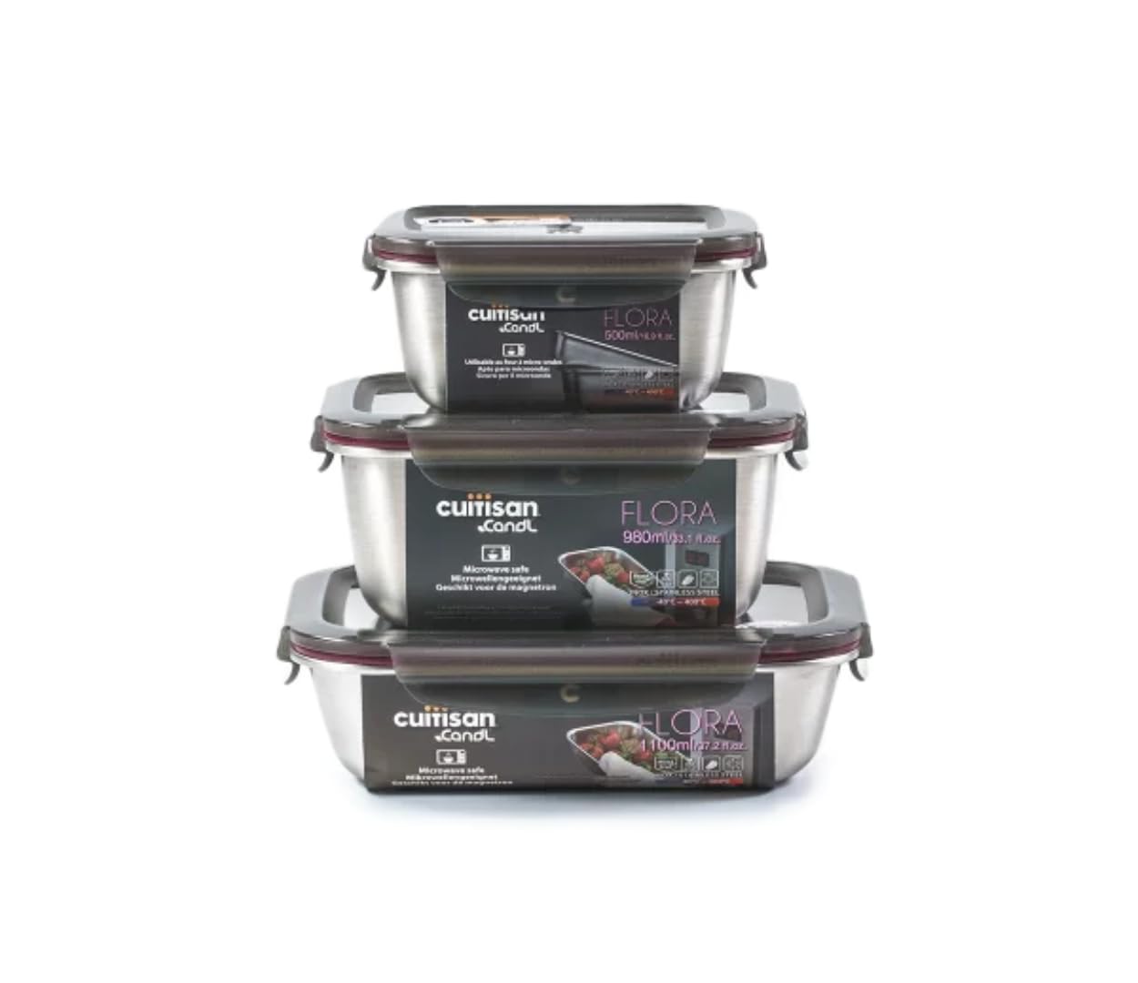 Cuitisan - Confezione da 3 scatole alimentari in acciaio inox compatibile con microonde. 500, 980 e 1100 ml