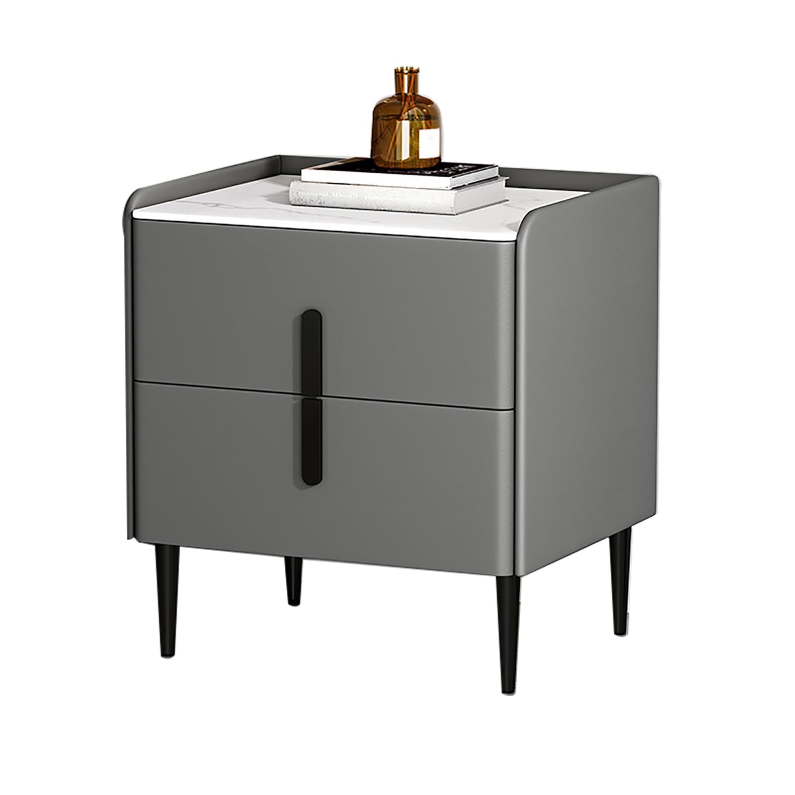 SXZenSpace Modern 50cm Gray Accent Table with Stone Top 2 Drawer Coffee Metal Legs Nightstand for Bedroom Living Room Office - Stylish & Functional Décor