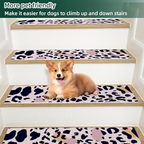 Alfombra para peldaños de escalera de leopardo para proteger peldaños de madera en interiores 6