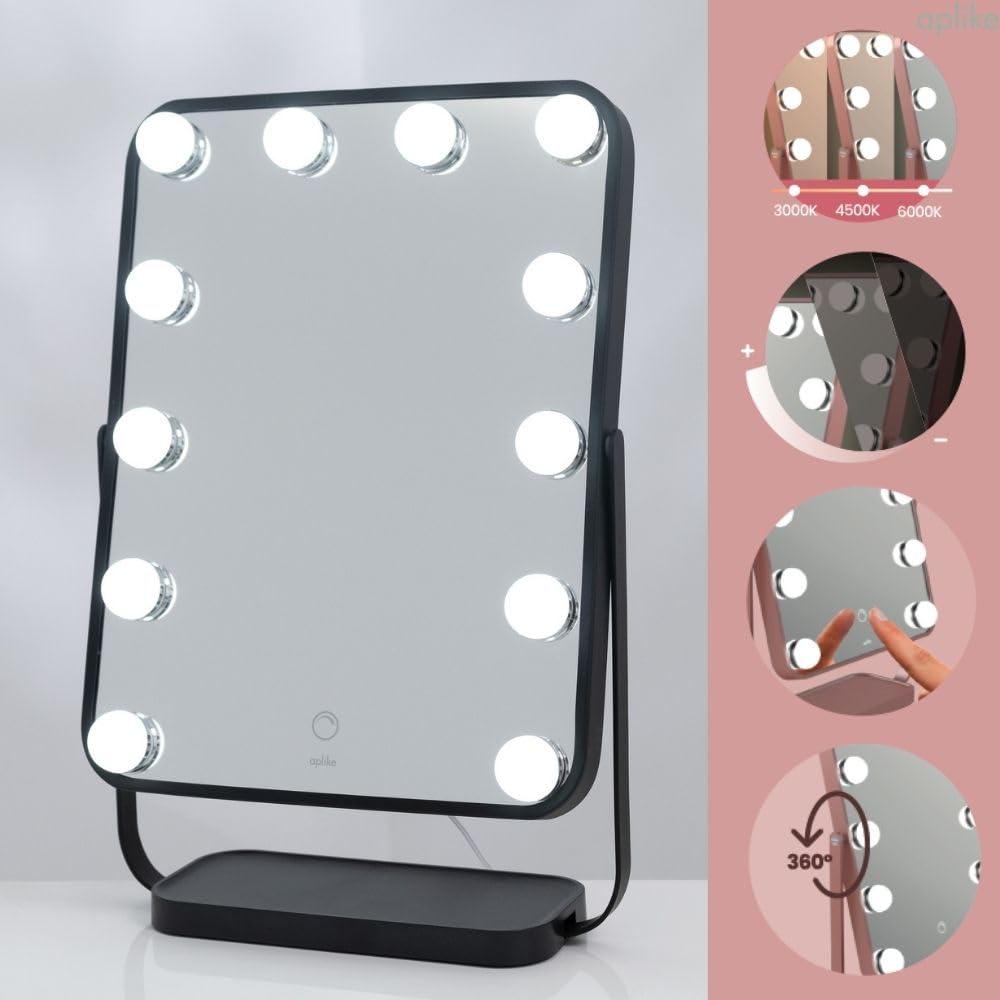 Aplike - Espejo Maquillaje con Luz, 12 Bombillas LED Hollywood, 3 Temperaturas Color (3000K-6500K), Control Táctil, Rotación 360°, Espejo Tocador Grande, Regalo Mujer (Negro)