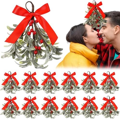 XunYee 12 Pcs Christmas Mistletoe Decorations with Bow, Artificial Glitter Mistletoe Picks Hanging Kitchen Cabinet Christmas Decorations for Xmas Tree Home Door Wall Holiday Party(Red Berries)