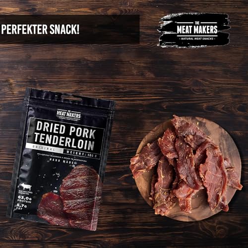 THE MEAT MAKERS - Dried Pork Tenderloin Pork Jerky 500g (5x100g) - Trockenfleisch Für Menschen, Trocken Fleisch Schweinefleisch Schweine Jerky Snack. Hervorragende Alternative zum Beef Jerky Snack.