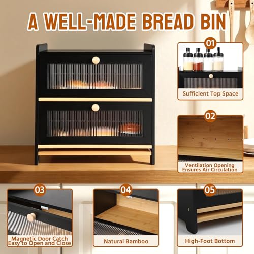 HAUSPROFI Two-Layer Bamboo Bread Bin, Spacious Storage Box with Striped Window Door, Handle and Cutting Board for Kitchen Countertop (Black) - Image 3
