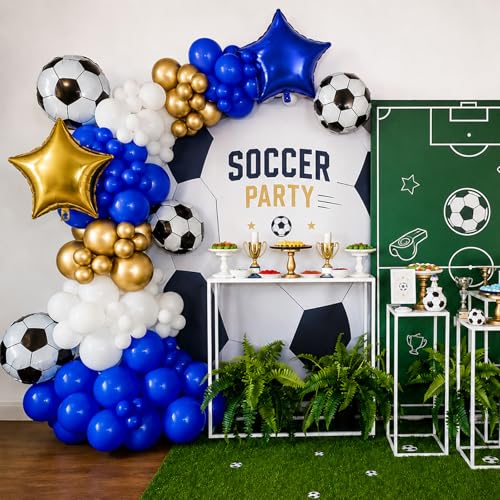 Image of Soccer Balloons, Royal Blue Gold Balloon Sport Theme Birthday Party Balloon
