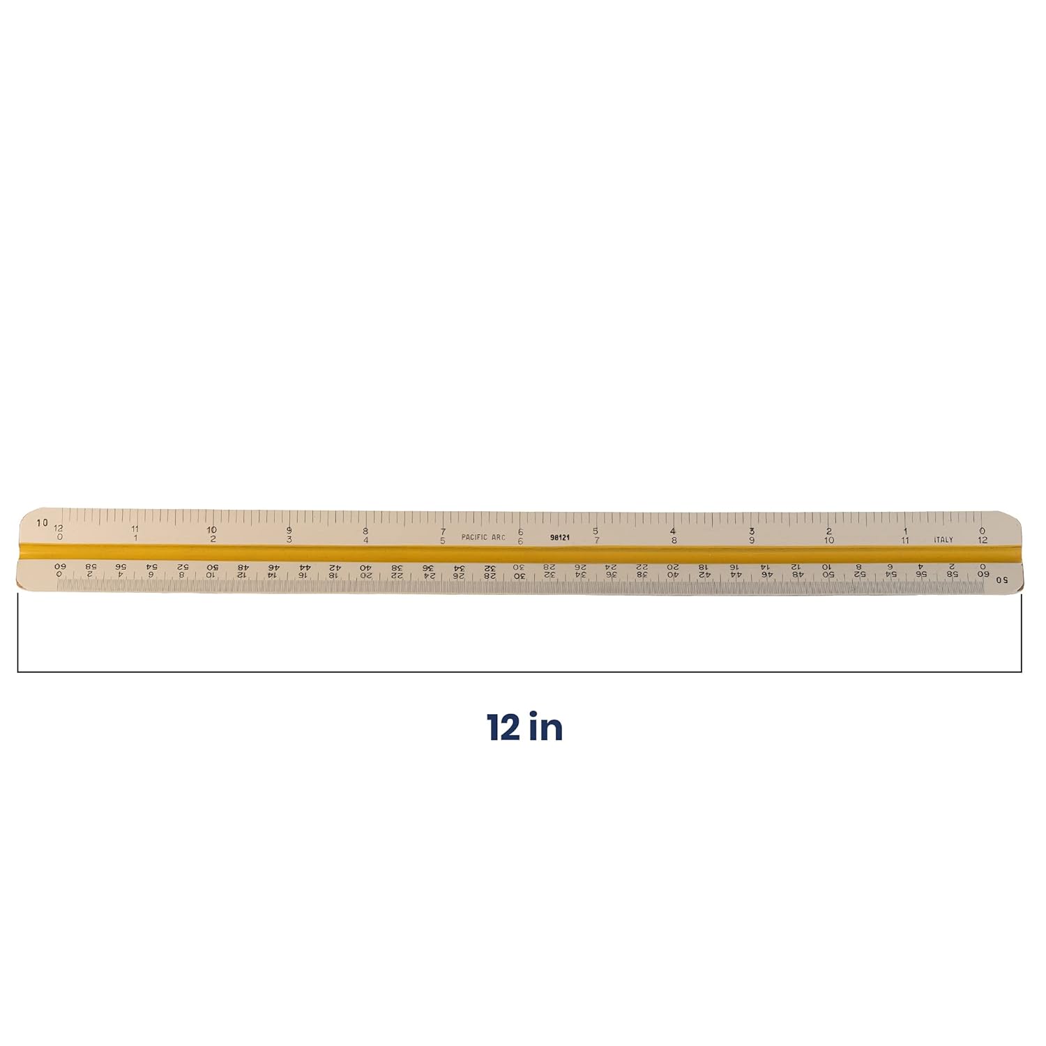 Pacific Arc Engineering Wood Core Scale Ruler, Divided by: 10, 20, 30, 40, 50, 60 Part Scale Degrees, 12 inch, Made in Italy