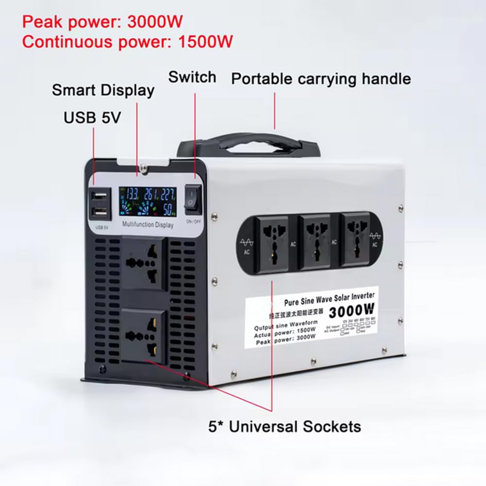 Inversor/Cargador de Corriente para Coche de 1500 W, Fase Dividida. Entrada CC 12V/24V/48V/60V/72V. Salida CA 110V 60Hz/220V 50Hz.