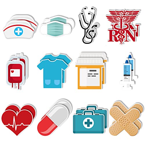 24 Pieces Nurse Party Decoration Nurses Graduation Supplies Decoration Doctors Theme Cutouts Funny Nurse Cut Outs with 60 Pcs Glue Point Nurse Cap Stethoscope Heart Cutouts for Hospital School
