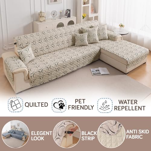Image of HOKIPO 'Elira Series' Printed Quilted One-Piece L Shape 5 Seater (3+2) Sofa Cover with Right Chaise | Anti-Slip Design, Natural Beige Abstract Art (AR-6229-C4)