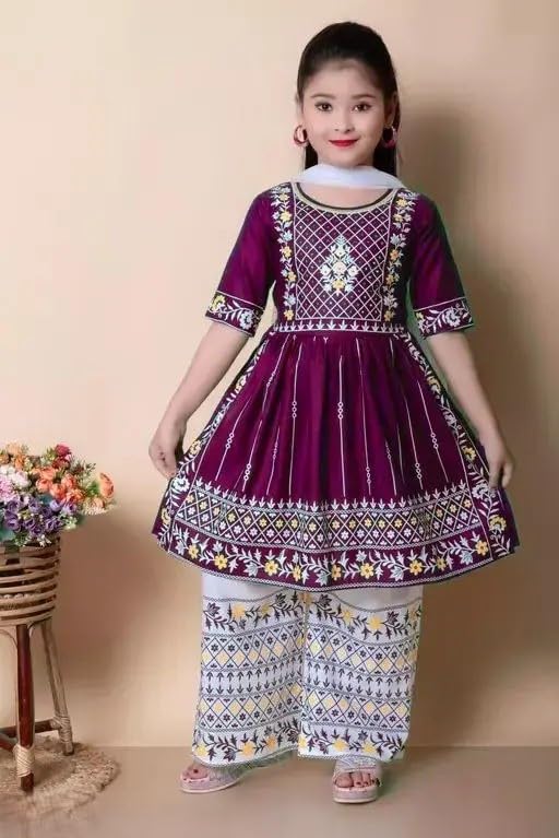 Image of Girls Traditional Embroidered Kurta Palazzo Set, Green and White, Floral Design, Half Sleeves
