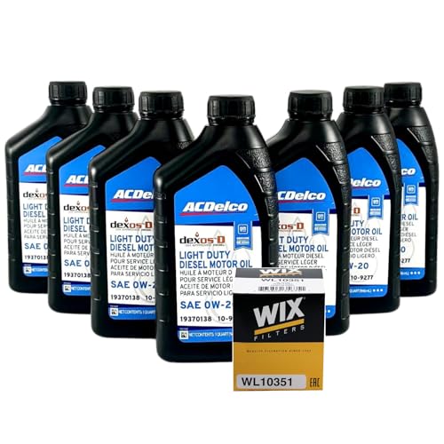 ACDelco dexosD SAE 0W-20 Light Duty Diesel Motor Oil Bundle with Wix WL10351 Oil Filter for 3.0L Duramax Diesel Engines (8 Items: 10-9277 (19370138) x7 + 1 WL10351)