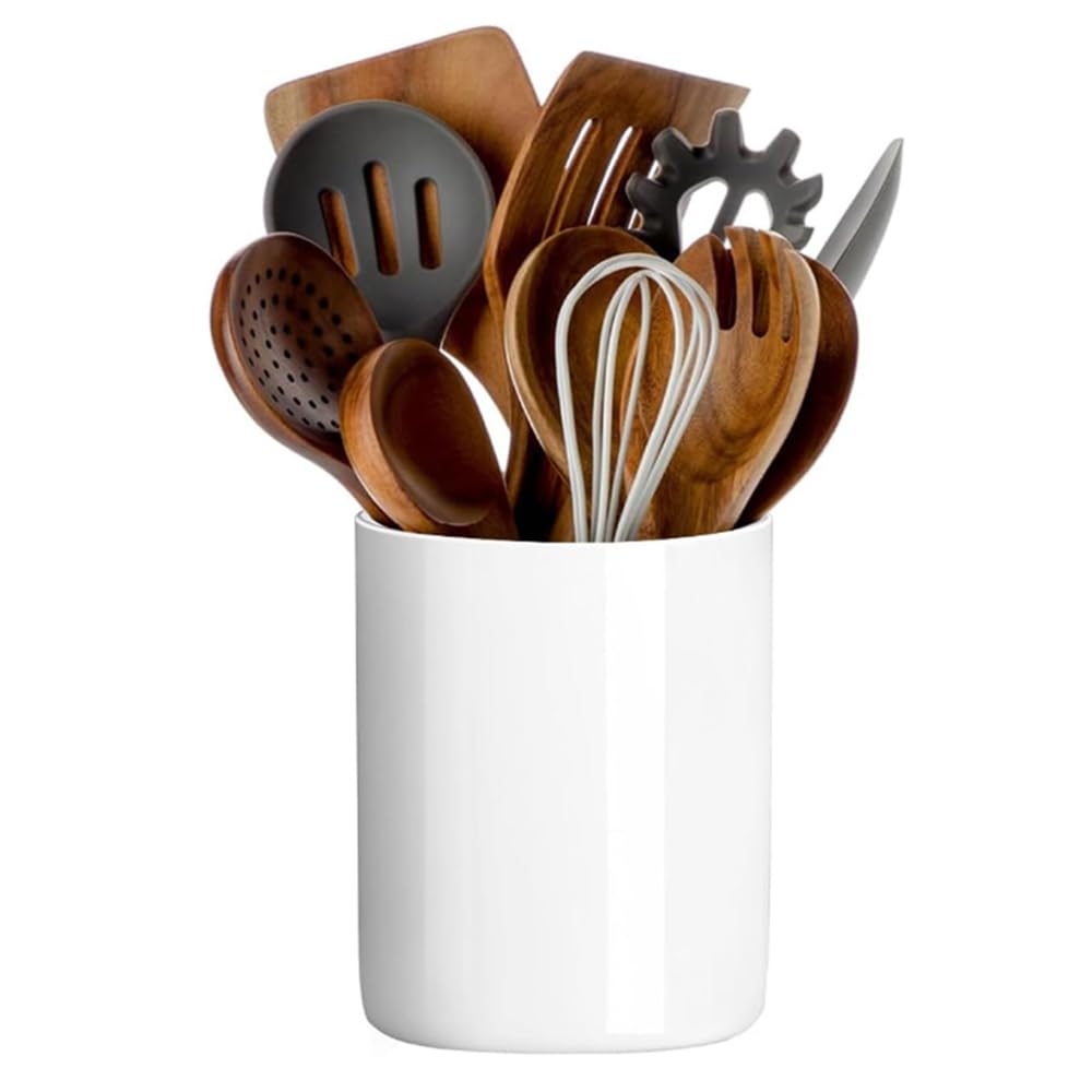 Louie Silna Round White Ceramic Cutlery Rack, Large Storage Jar, Suitable For Kitchen Countertops, Modern Kitchen Utensil Organizer, Can Hold Spatulas, (White)
