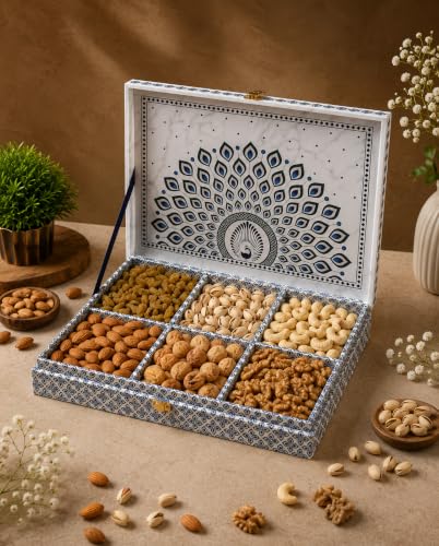 Image of Riwaz Luxury Mor Pankh Dry Fruit Gift Box | 6-in-1 Premium Hamper with Almonds, Cashews, Pistachios, Walnuts, Raisins & Khumani | Ideal for Corporate, Wedding & Festival Gifting (650g)