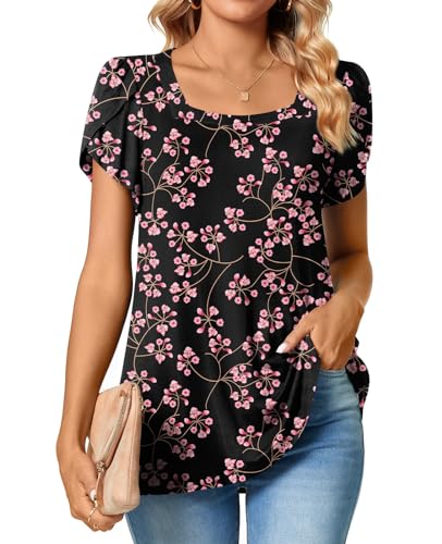 TAOHUADAO Womens 2022 Summer Casual T-Shirts Square Neck Petal Short Sleeve Tunic Tops Loose Comfy Blouses 3XLarge, Gypsophila Black