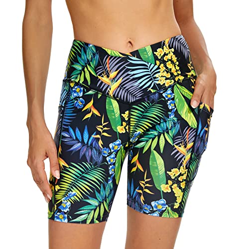 Cagola Swim Board Shorts Women 7" Swimwear Tummy Control Swimming Shorts Cross High Waisted Swimsuit Bottoms Green Leaf Large #TOP6