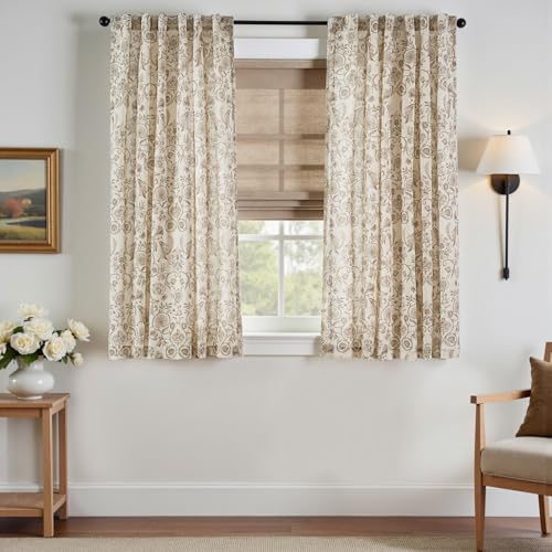 Image of jinchan Linen Floral Curtains for Living Room with Printed Flower 63 Inches Long Light Filtering Farmhouse Window Treatment Vintage Short Drapes Back Tab Rod Pocket 2 Panels Taupe on Beige