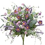 4 Bundles Artificial Flower Bouquet Silk Daisy Flowers Lavender Fake Flowers Bouquet Spring Floral Arrangements Fake Wildflowers Bouquet for Home Office Indoor Table Vase Wedding Party Decor