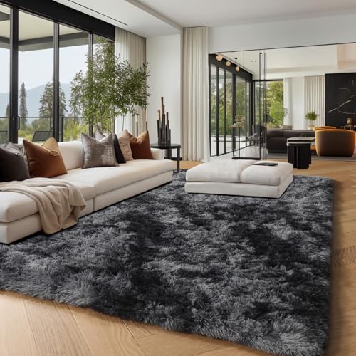 PAGISOFE Abstract Shaggy Area Rug 4' x 6' Plush Furry Rugs for Living Room, Tie-Dyed Dark Grey Soft Fluffy Rugs for Bedroom Grils Boys, Fuzzy Rugs for Nursery, Dorm. Shag Carpet for Kids Room Decor
