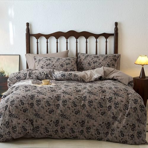 BuLuTu Vintage Muslin Duvet Cover Set King 100% Cotton Gauze Comforter Cover Chic Floral Quilt Cover with 2 Pillowcases 104x90 Soft Breathable Bedding Set Zipper & Corner Ties