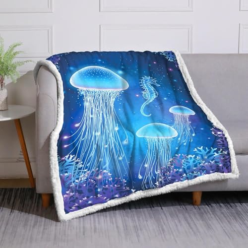 DUISE Manta de forro polar con medusas para niños, color azul, océano, vida marina, coral subacuático, manta mullida para dormitorio, sala de estar, tamaño de bebé para habitación de niños y niñas (60