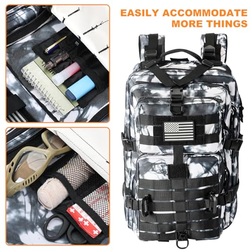 Image of Hannibal Tactical MOLLE Assault Backpack, Tactical Backpack Military Army Camping Rucksack, 3-Day Pack Trip w /USA Flag Patch, D-Rings, Black White camo