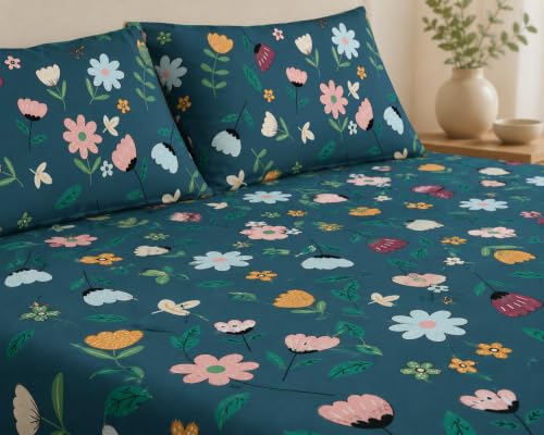 Image of LOOMLYFE 300 TC Cotton Double Bedsheet with 2 Pillow Covers | 90x100 Inches King Size Bed Sheet | Soft, Breathable & Fade Resistant Bedding Set - BlueMultiFlower