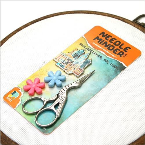 Image of Awesome Pattern Studio Philadelphia Magnetic Needle Minder Set Includes Needle Minder, 2 Threaders, 'Crane' Scissors. Multicolor Enamel Pin for Cross Stitch, Embroidery and Craft