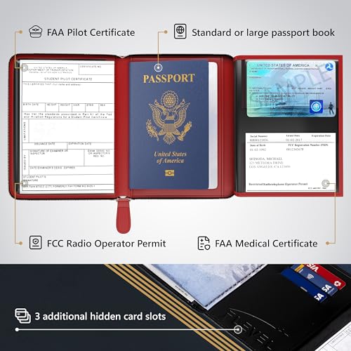 Pilot document holder, Pilot wallet, RFID-Blocking, Travel Wallet, Stylish Travel Companion for Aviation Professionals (Real Leather_V2, Red, Classic)2