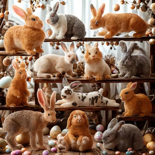 Image of Toymany 12PCS Easter Bunny Figures Toys for Kids, Rabbit Figures Farm Animal Toy for Cake Toppers Party Favors for Toddlers