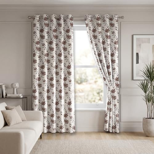 Image of LINENWALAS Printed Blackout Curtains for 5 Feet Window | Set of 2 | Floral Printed Drapes | Thermal Insulated, Room Darkening Panels with Grommet Hanging for Living Room (Brown Bloom)