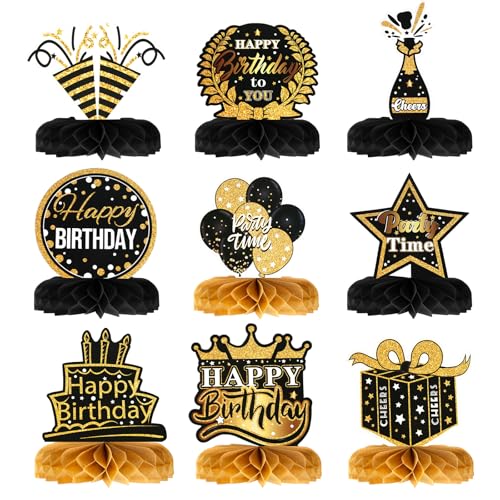 NQEUEPN 9pcs Décoration de Centres de Table d'anniversaire pour Table, Décorations de Table Joyeux Anniversaire Noir et Or Centres de Table en Nid d'abeille...