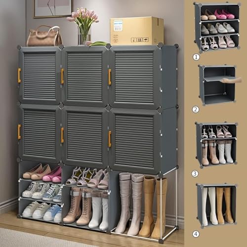 Image of Strassis Design Plastic Shoe Rack for Home | 18 Shelf DIY Shoe Rack with Door Magnets for Home Storage Plastic Box Organizer, Metal Door Frame, Chappal Slipper Sandals Stand (Grey,6 Door)