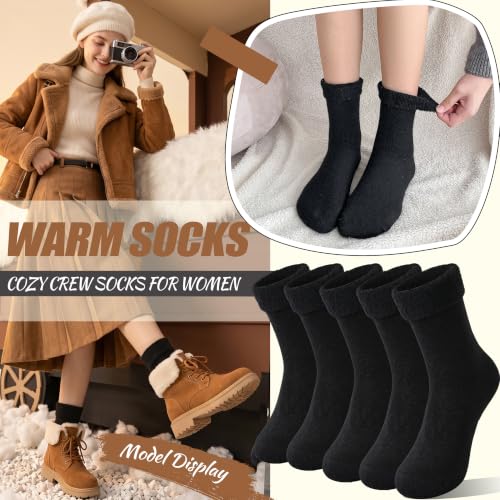 Image of EBMORE 5 Pairs Women Merino Wool Boot Socks Warm Thermal Winter Thick Hiking Cozy Cabin Crew Comfy Socks for Ladies