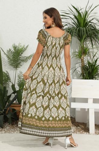Image of OSTOO Women's Floral Maxi Dress Boho Summer Short Sleeve Smocked Waist Tiered Long Dress