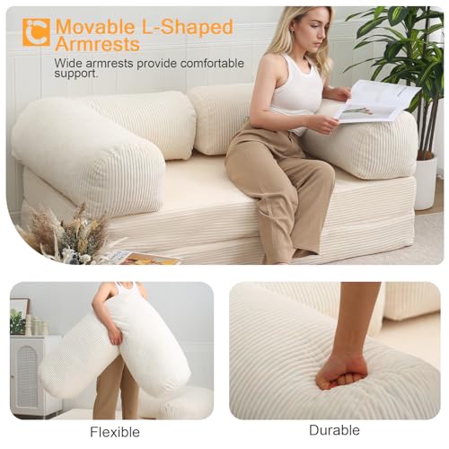 COMAX Folding Sofa Bed Queen, 4-in-1 Foldable Floor Couch Convertible Futon Sofa with Armrests Sleeper Mattress Chair Bed Comfy Portable Fold Out Lounge Guest for Living Room Bedroom, Beige