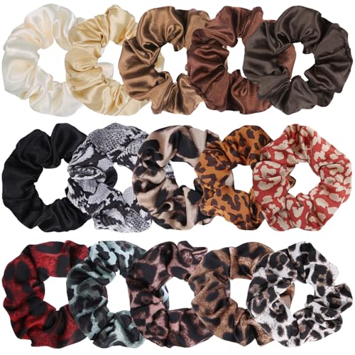 SYEYCW 15 Piezas Scrunchies Pelo, Coleteros Suaves Cabello Bandas, Leopardo e Colores Sólidos Diademas para Niña, Elástica Coleteros Pelo Mujer, para Deportes, Fiestas, Escuelas, Viajes