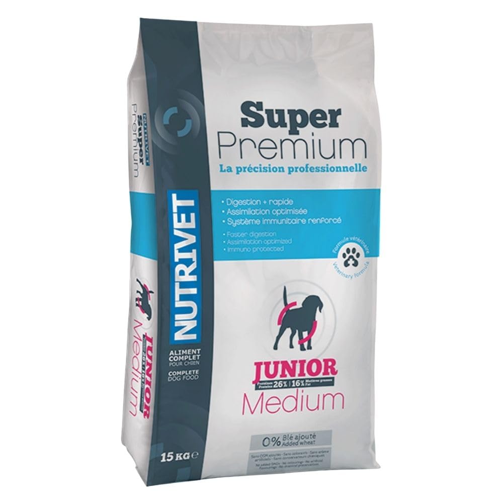 NUTRIVET - Super Premium - Junior Medium - Croquettes sans Blé - Chiot - Riche en Protéines Animales - 15 kg