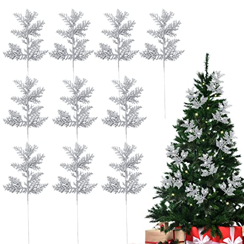 MOTONG 10 PCS Glitter Artificial Christmas Tree Pine Leaves, Christmas Leaves Picks, Artificial Pine Needles Simulated Tree Branch for Xmas Wreath Seasonal Decoration(Silver)
