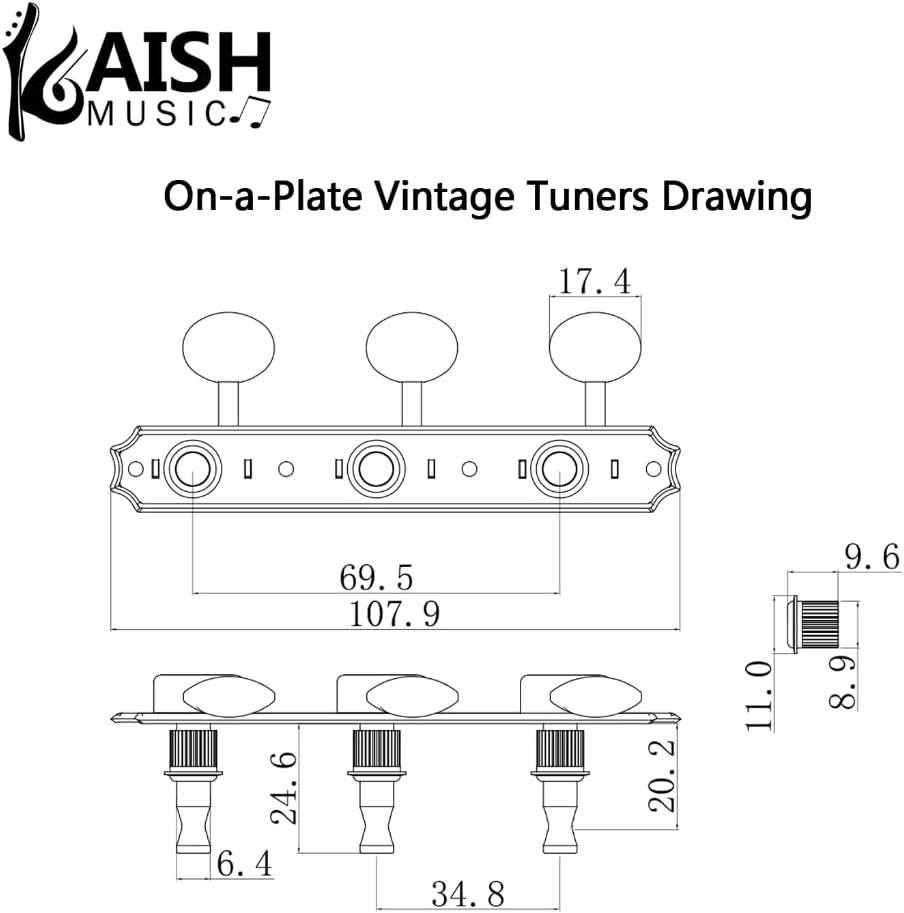 Premium 3-per-side On-a-Plate 3x3 Vintage Guitar Tuners Tuning Machines Tuning Keys for Gibson/Epi LP JR Metal Oval Button Chrome