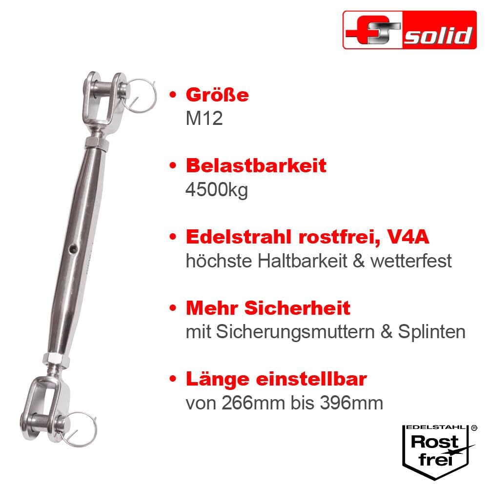 2 tenditori per tende M12 in acciaio inox [set] FTSolid, chiusura a morsetto V4A regolabile da 266 a 396 mm