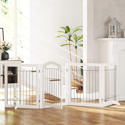 SPIRICH 96-inch Extra Wide 30-inches Tall Dog Gate with Door Walk Through, Freestanding Wire Pet Gate for The House, Doorway, Stairs, Pet Puppy Safety Fence, Support Feet Included (White) - Image 5
