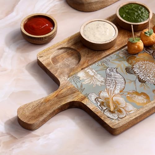 Image of Handcrafted Mango Wood Serving Platter with 3 Dip Bowls | Traditional Jamawar Kashmiri Print | Waterproof, Heat-Resistant, Food-Safe Lacquer Finish | 15.5 x 10 Inch | Made in India (3Katori: GreyBird)