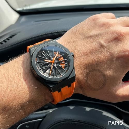 Image of PAPIO Men's Sports Analog Watch with Wheel Design Dial | Metal Case | Silicone Strap | Stylish Casual Watch for Men