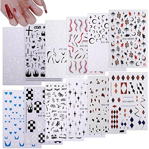 MWOOT 12 Blatt Britischer Stil Nagelaufkleber Abziehbilder,3D Selbstklebend Nagelsticker für DIY Nagelspitzen Entwurf Cover