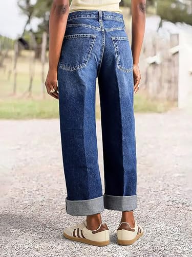 Flamingals Women’s High Rise Wash Roll Hem Straight Leg Jeans Trendy Denim Pants2